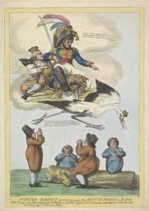 Napoleon sender Louis Napoleon som konge i form af en stork til Holland, 1806 Jupiter Bonney giver de hollandske frøer en konge (titel på objekt) af Samuel Knight