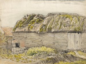 En lade med moset tag, Shoreham (akvarel med brun vask, blæk, gouache og blyant på papir) af Samuel Palmer