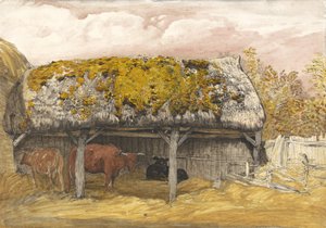 A Cow Lodge with a Mossy Roof, ca. 1829 (pen & blæk med akvarel og gouache på papir) af Samuel Palmer
