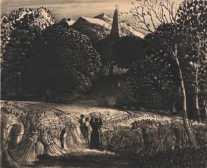 Kornmark og kirke ved måneskin af Samuel Palmer