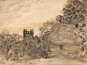 Stråtækt sommerhus og kirke af Samuel Palmer