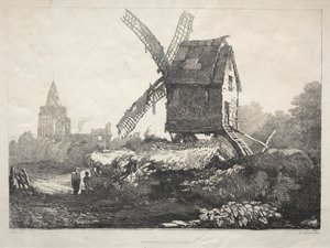 En række gamle bygninger og landlige hytter i det nordlige England: Ved Crowland, Windmill af Samuel Prout