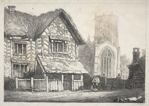 En serie af gamle bygninger og landlige hytter i det nordlige England: Helmsley, 1821. af Samuel Prout
