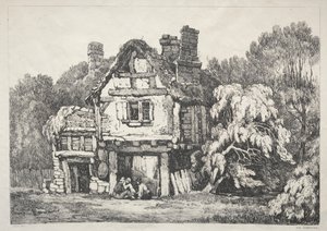En række gamle bygninger og landlige hytter i det nordlige England: I nærheden af Ashbourne af Samuel Prout