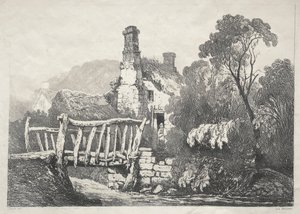 En række gamle bygninger og landlige hytter i det nordlige England: Nær Byland af Samuel Prout