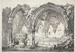 En række gamle bygninger og landlige hytter i det nordlige England: En del af Kirkham Abbey af Samuel Prout