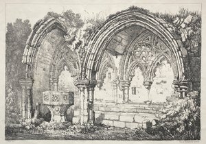 En serie af gamle bygninger og landlige hytter i det nordlige England: En del af Kirkham Abbey, 182 af Samuel Prout