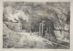 En serie af gamle bygninger og landlige hytter i det nordlige England: Peak Cavern, 1821. af Samuel Prout