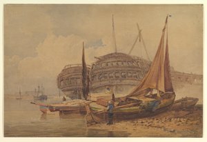 Kystscene med strandede både i forgrunden af Samuel Prout