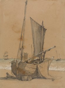 Fiskerbåd på stranden med en brig til søs af Samuel Prout