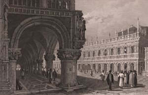 Forkortelse af arkade af Dogepaladset (Palazzo Ducale) med udsigt over Markuspladsen og Bibliotekspaladset, Venedig, Veneto, Italien, stålstik efter tegning af Samuel Prout (1783-1852), ca. 15x11,5 cm af Samuel Prout