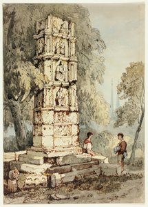 To figurer ved siden af middelalderlige ruiner med kirke i det fjerne af Samuel Prout