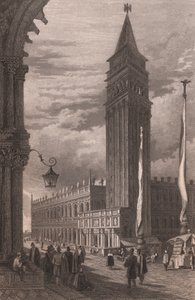 Udsigt over Sankt Markus klokketårn i Venedig, Veneto, Italien, stålgravering efter tegning af Samuel Prout (1783-1852), ca. 15x11,5 cm af Samuel Prout