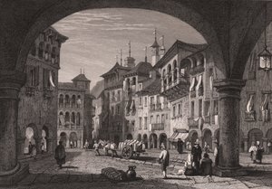 Näkymä torille Domodossolassa, Piemontessa, Italiassa, teräskaiverrus Samuel Proutin (1783-1852) piirroksesta, n. 16x11 cm af Samuel Prout