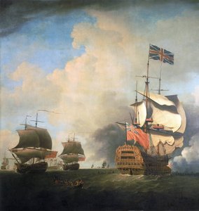 Krigsskibe fra den britiske flåde manøvrerer deres sejl i vinden. Olie på lærred, ca. 1736, af Samuel Scott (1702-1772). af Samuel Scott