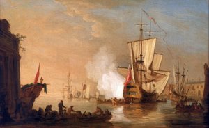 Britisk krigsskib affyrer kanonen for at hilse på ved ankomsten til havnen, hvis bygninger minder om en havn i Middelhavet. Olie på lærred, ca. 1765, af Samuel Scott (1702-1772). af Samuel Scott