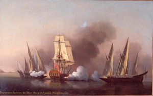 Forlovelsen mellem Blast Sloop og to spanske kapere af Samuel Scott