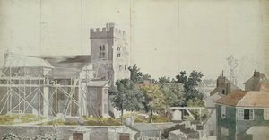 Twickenham Church under stillads, 1700-tallet (wc, pen og blæk på papir) af Samuel Scott