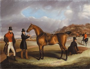 Lord George Bentinck med sin yndlingsjæger og brudgom i et landskab med en jagt hinsides