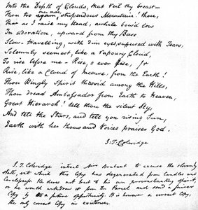 Sidste linjer af Coleridges digt Hymn before Sunrise in the Vale of Chamouni, skrevet med digternes egen håndskrift og sendt i et brev til fru Brabant af Devizes, 1815