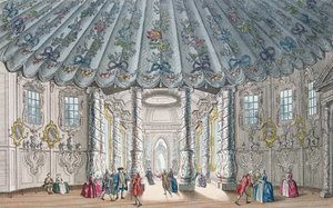 Indvendig udsigt over det elegante musikrum i Vauxhall Gardens, indgraveret af H. Roberts, 1752 (håndfarvet gravering) af Samuel Wale