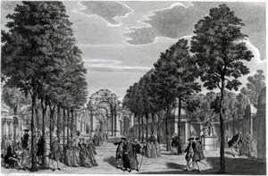 Triumfbuerne, Händels statue i South Walk of Vauxhall Gardens, indgraveret af John S. Muller (håndfarvet radering og gravering) af Samuel Wale