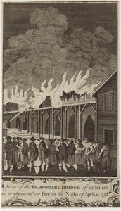 Udsigt over den midlertidige bro i London, som den så ud i brand om natten den 11. april 1758 af Samuel Wale