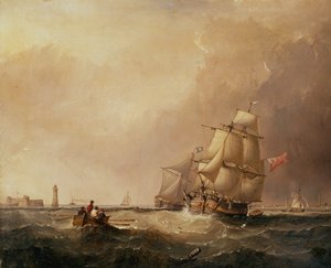 En udsigt over Mersey Harbour og en udsigt over shipping ud for Douglas, Isle of Man (olie på panel)