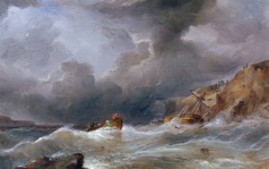 En båd er sunket på en klippekyst, og redningsbåden er fuld af overlevende. Olie på lærred af Samuel Walters (1811-1882).