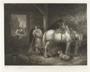 Gesprek in de stal Rustik samtale (titel på objekt) af Samuel William Reynolds (I)