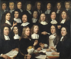 Gruppeportræt af møntmestrene i Dordrecht (Portrait de groupe des maitres et des officers de la monnaie de Dordrecht) - Peinture de Samuel Dirksz van Hoogstraten (1627-1678) - 1674 - Olie på lærred - 139,5x166 - Dordrechts Museum af Samuel van Hoogstraten