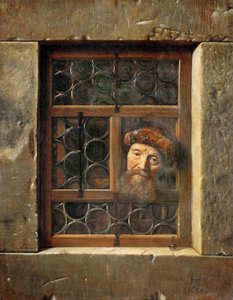 Gammel mand i vinduet - Samuel Dirksz van Hoogstraten (1627-1678). olie på lærred