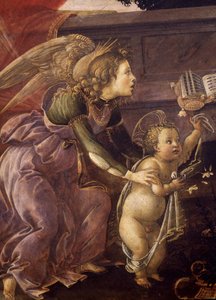 Madonna og barn med tre engle (Madonna del Padiglione), detalje af englen med Kristus af Sandro Botticelli