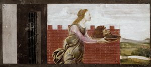 Salome holder St John Baptists hoved. Detalje af st Barnaba altertavle (Tempera på træ af Sandro Botticelli