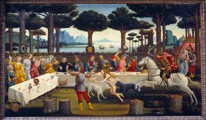 Historien om Nastagio degli Onesti: Banket i fyrreskoven, tredje panel i en serie på fire: Nastagio, ulykkelig forelsket, inviterer den kvinde, han elsker, og hans familie holder en banket for at vise dem epilogen af en historie, der ligner hans egen melle af Sandro Botticelli