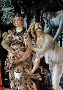 Foråret. Detalje: Zephyr griber nymfen Chloris iført et gennemsigtigt slør og Flora i sin blomsterkjole (maleri af Sandro Botticelli