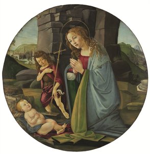 Madonna, der tilbeder Jesusbarnet med den unge Johannes Døberen (tempera og olie på panel) af Sandro (and workshop) Botticelli