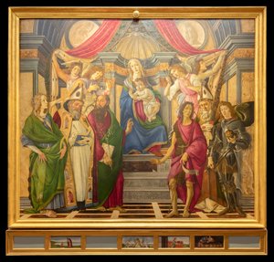 Altertavle, hovedpanel: tronende Madonna, fire engle og helgener af Sandro Botticelli