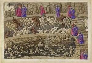 La Divina Commedia, Inferno XVIII. Vergil og Dante i helvedets ottende kreds (Malebolge), 1. og 2. bolgia: Straffen for alfonser og forførere, smigrere og prostituerede af Sandro Botticelli