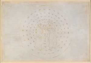 La Divina Commedia, Paradiso VII. Den anden planetsfære (Merkurs himmel): Beatrice indvier Dante i de vanskelige spørgsmål om den guddommelige retfærdighed samt den menneskelige arvesynd og forløsningen gennem Kristi død af Sandro Botticelli