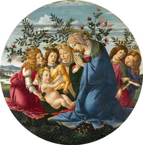 Madonna, der tilbeder barnet med fem engle af Sandro Botticelli