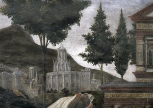 Rensningen af den spedalske og Kristi fristelse, i det sixtinske kapel: detalje af en imaginær by i et landskab, fresko fra 1481 af Sandro Botticelli