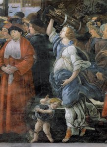 Rensningen af den spedalske og Kristi fristelse, i det sixtinske kapel: detalje af kvinde, der bærer brænde og en lille dreng, der bærer druer, 1481 fresco af Sandro Botticelli