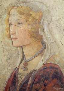 Venus og de tre nåder, der tilbyder gaver til en pige, detalje af pigernes hoved, 1486 freskodetalje fra 33760 se også 93892-93894 af Sandro Botticelli