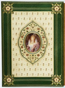 Et ovalt portræt af dronning Elizabeth I (grønt marokkansk læder, cremevandet silke, safirer, pai) af Sangorski and Sutcliffe