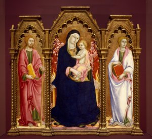 Madonna og barn med de hellige James Major og Johannes Evangelisten, altertavle af Sano di Pietro