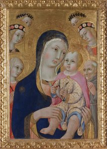 Madonna med barn, de hellige Apollonia og Bernardino og fire engle, ca 1460 af Sano di Pietro