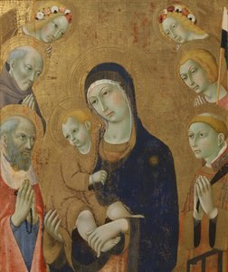 Jomfru og barn, engle og helgener (maleri på træ) af Sano di also Ansano di Pietro di Mencio Pietro