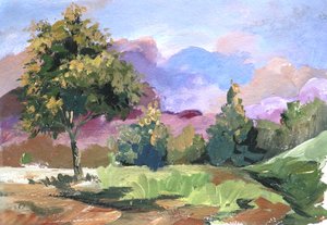 Pastelfarvet skyscene med træ