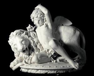 Love Mastering the Force Marble Sculpture af Santo Varni (1807-1885) 1865. Dim. 85x90x62 cm Fra Prince Odon di savoias samling. Genes, Galleria d